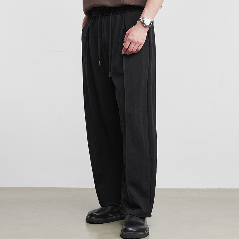 抽繩式肌理闊腿褲男2026春季新款復古寬鬆純色直筒休閒褲