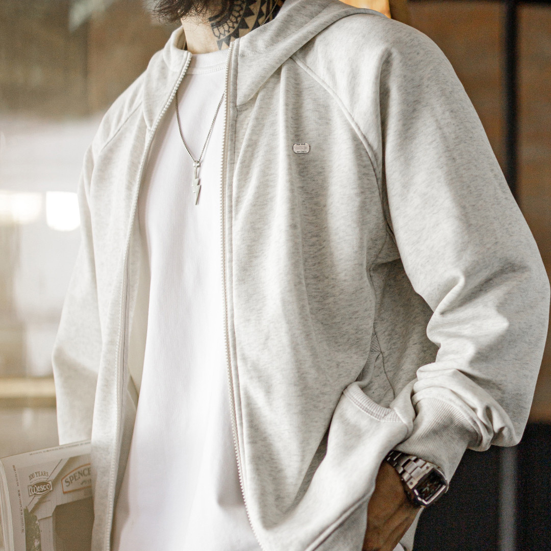 美式休閒灰色連帽衛衣寬鬆插肩袖開衫鬆弛長袖外套男款秋