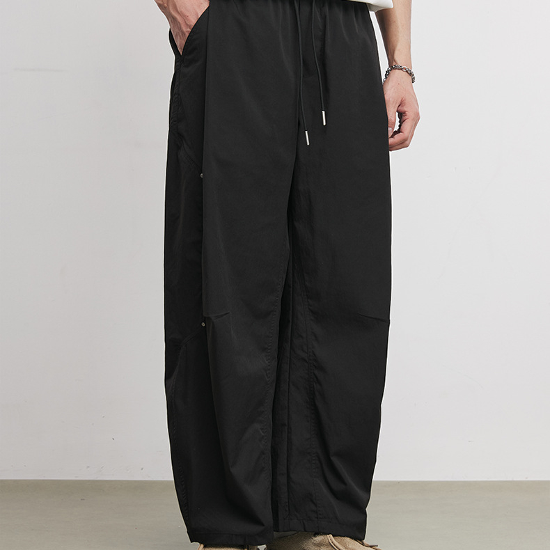 200g顯瘦抽繩闊腿褲男春季新款日系復古竹節紋戶外彎刀休閒褲