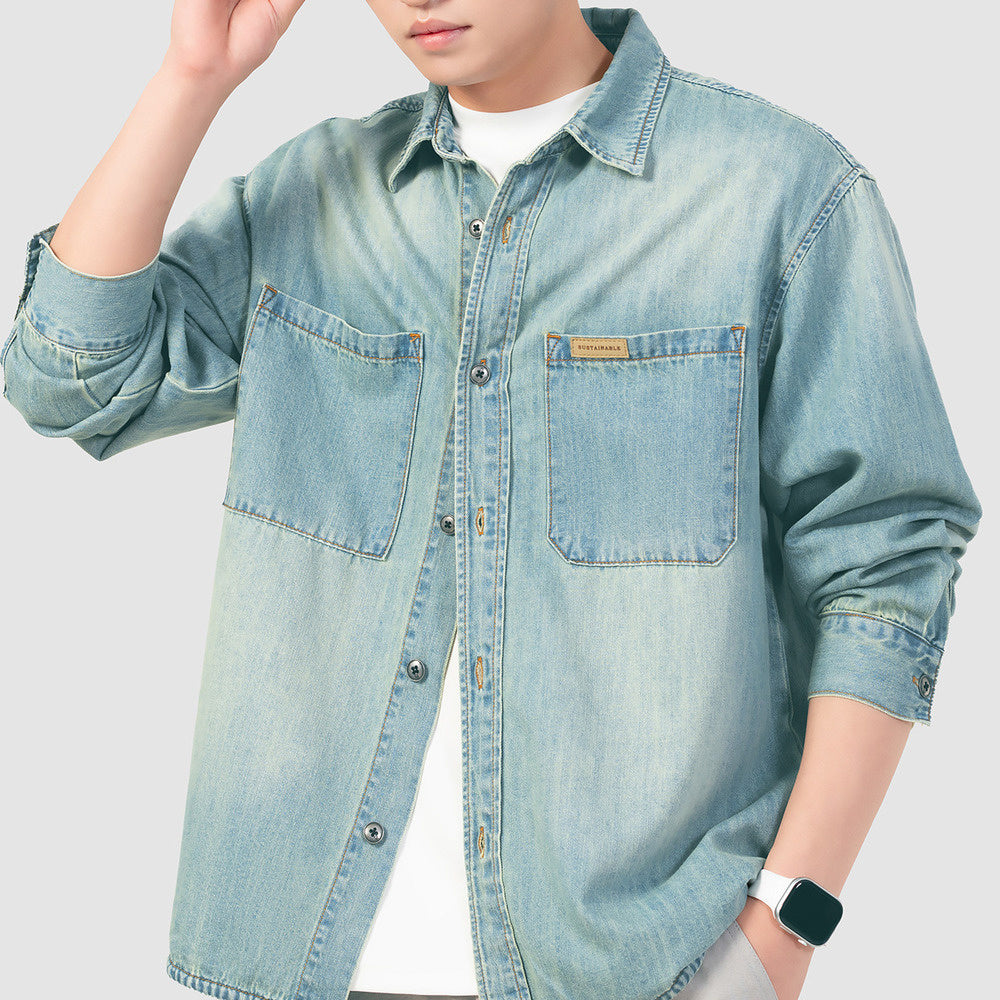 萊賽爾天絲竹節工裝牛仔襯衫男春季水洗寬松長袖襯衣