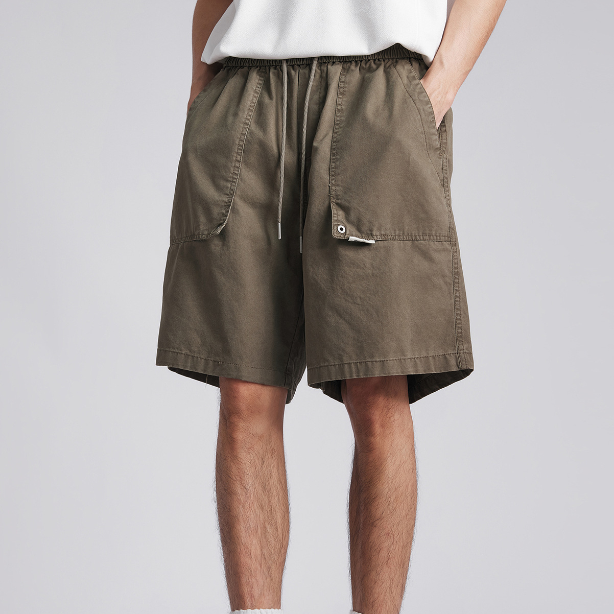 純棉大口袋休閒短褲男夏季抽繩式美式復古工裝潮流五分中褲