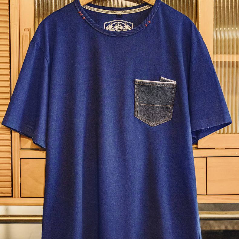 美式復古植物藍染T恤日系重磅純棉二本鍼口袋短袖男款夏