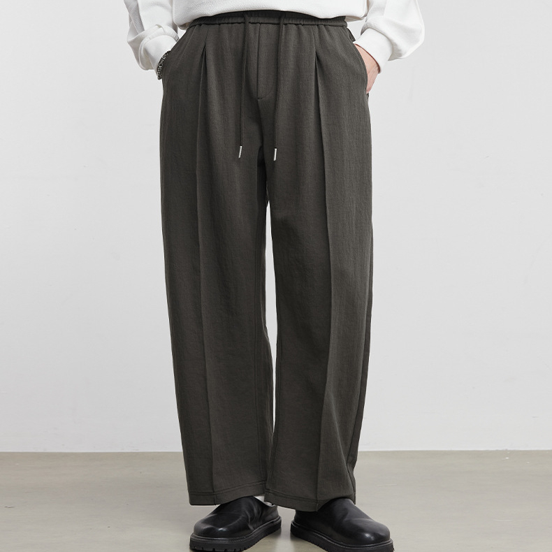 抽繩式肌理闊腿褲男2026春季新款復古寬鬆純色直筒休閒褲