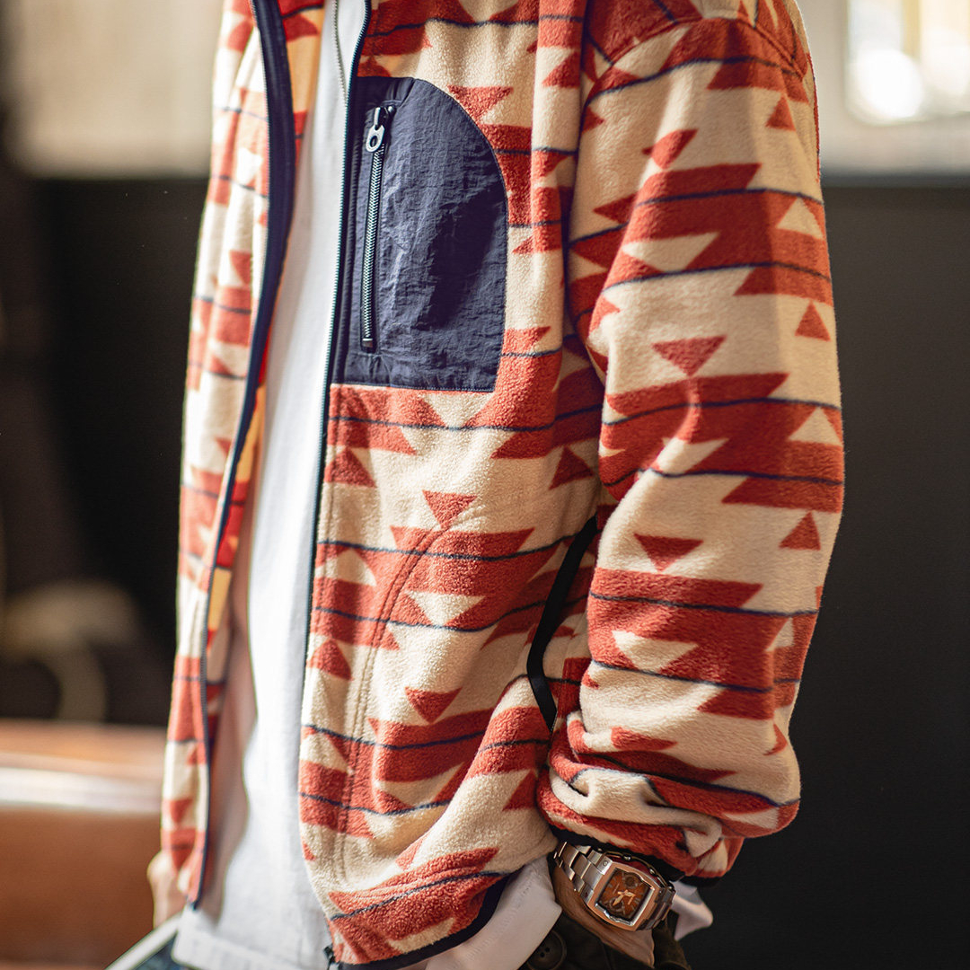 美式納瓦霍搖粒絨衛衣抓絨軟糯拉鍊開衫雙面立領外套男春