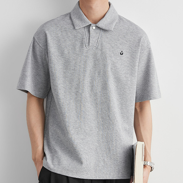 日系刺繡小標翻領紐扣Polo衫男夏季純色寬鬆通勤百搭短袖T恤