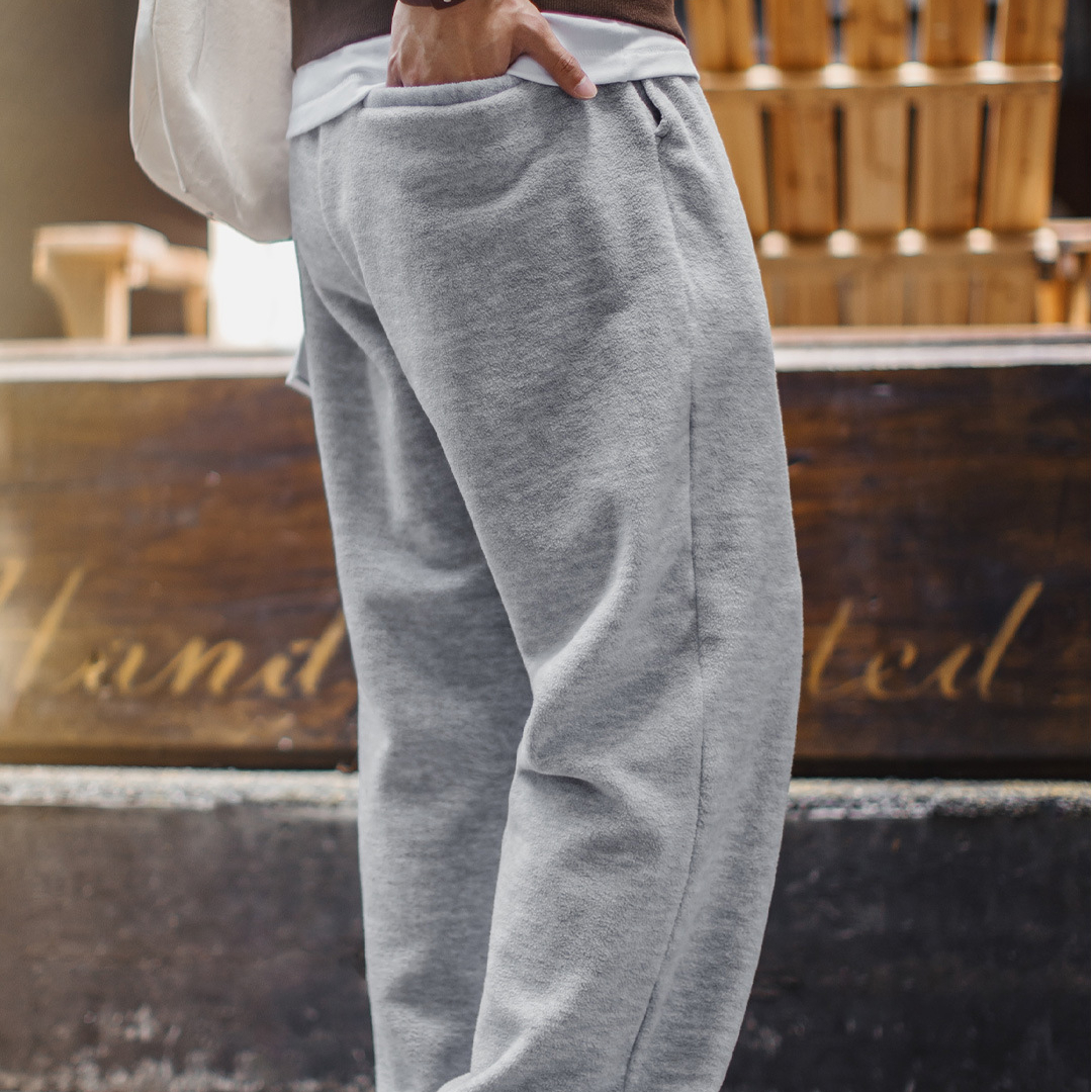 美式休閒灰色搖粒絨衛褲加絨直筒鬆緊腰束腳長褲子男秋冬