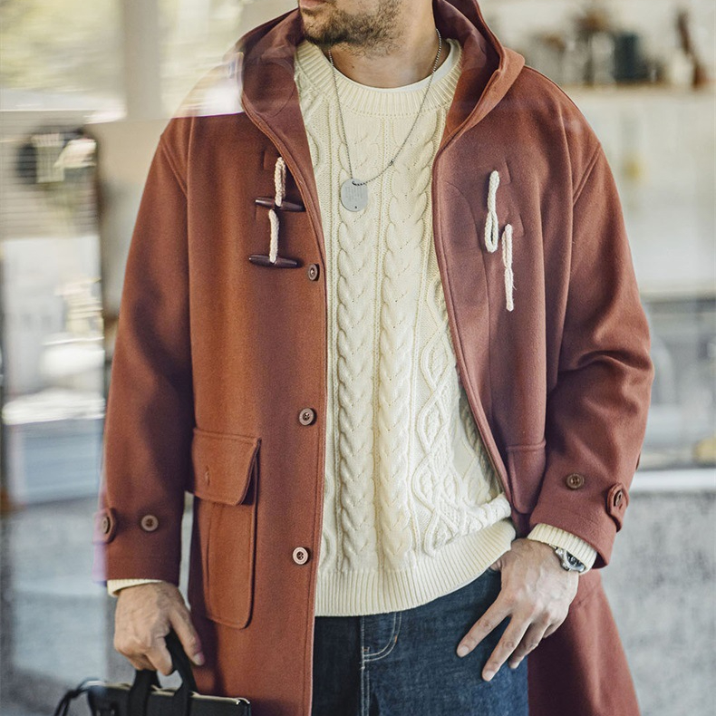 美式復古牛角扣連帽毛呢大衣學院風寬鬆長款外套男女秋冬