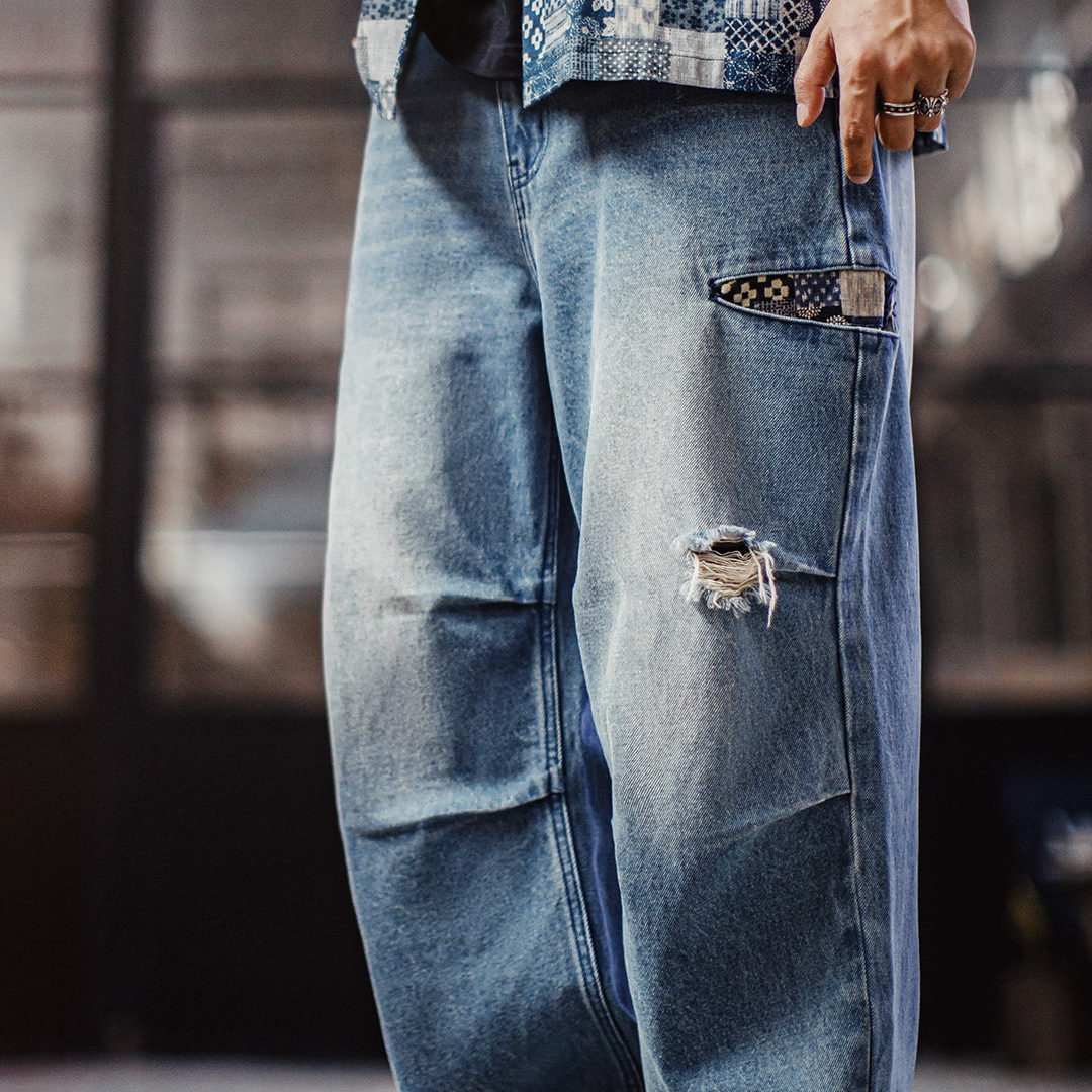 美式復古闊腿寬鬆傘兵牛仔褲古布水洗破洞薄款休閒褲男春