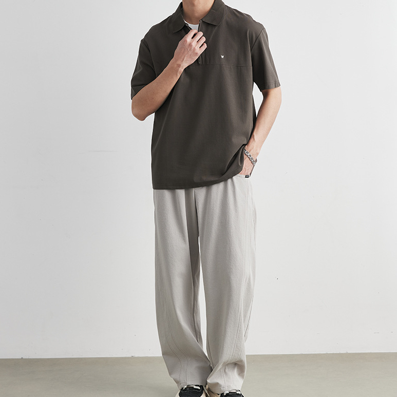 字母刺繡半拉鍊翻領Polo衫男夏季寬鬆落肩款復古休閒短袖T恤