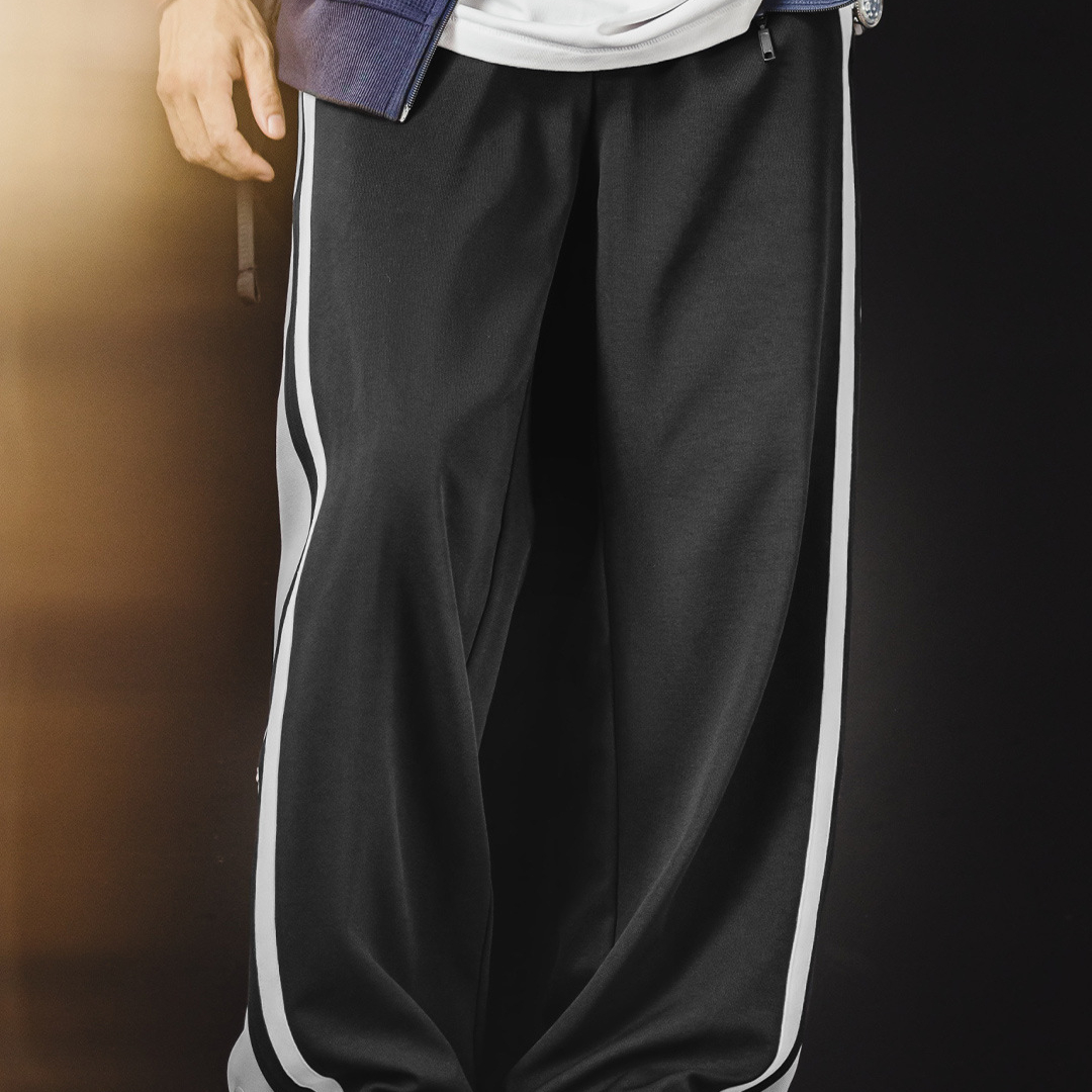 美式籃球排扣褲直筒運動衛褲休閒黑色條紋長褲子男款秋冬