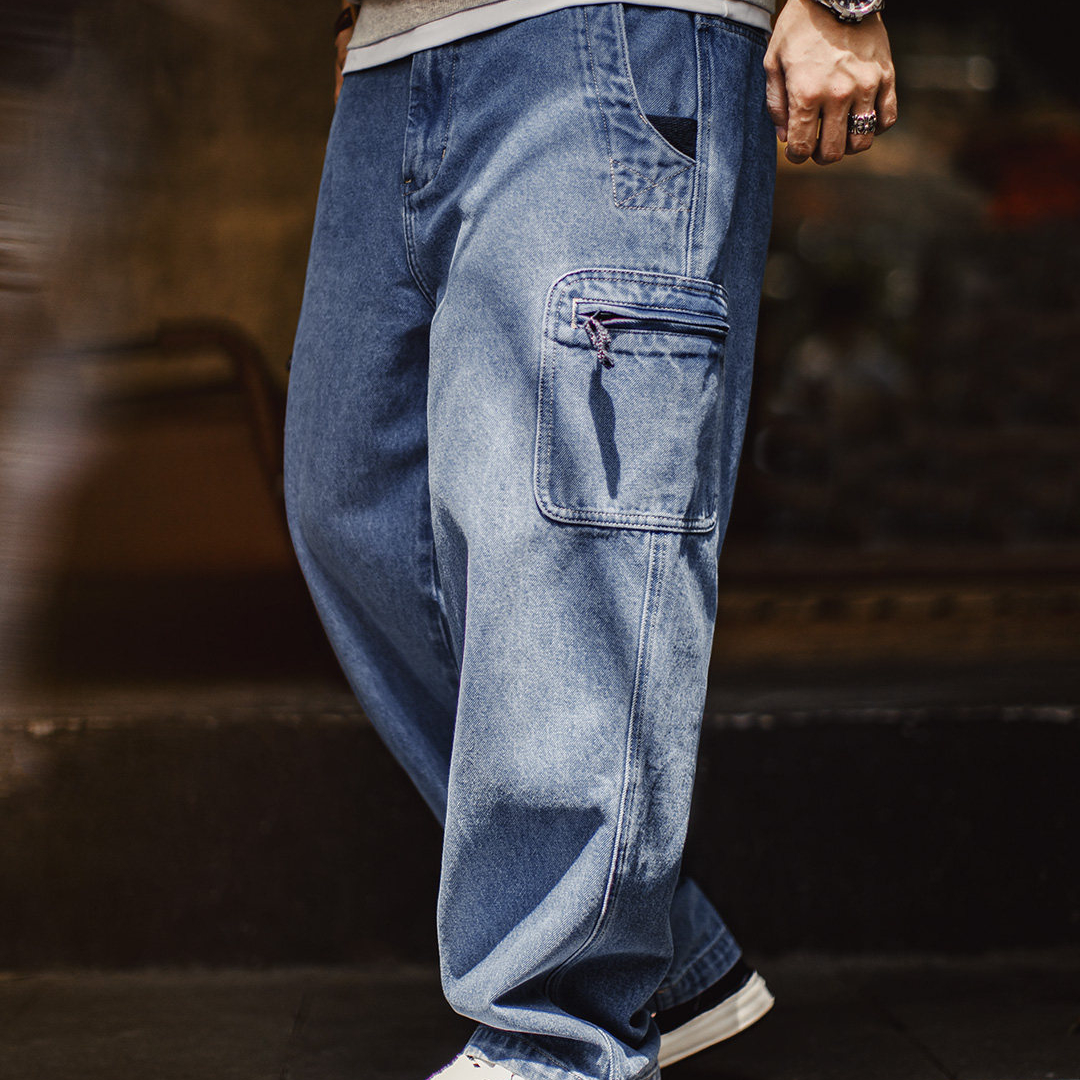 美式水洗牛仔褲丹寧寬鬆直筒日系口袋垂感休閒長褲子男春