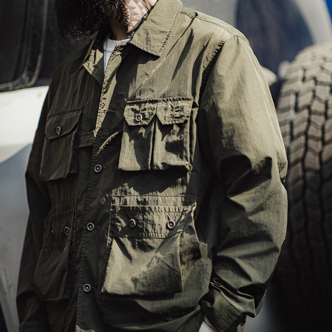 美式復古獵裝襯衫薄款梭織多口袋軍綠色長袖襯衫外套男春