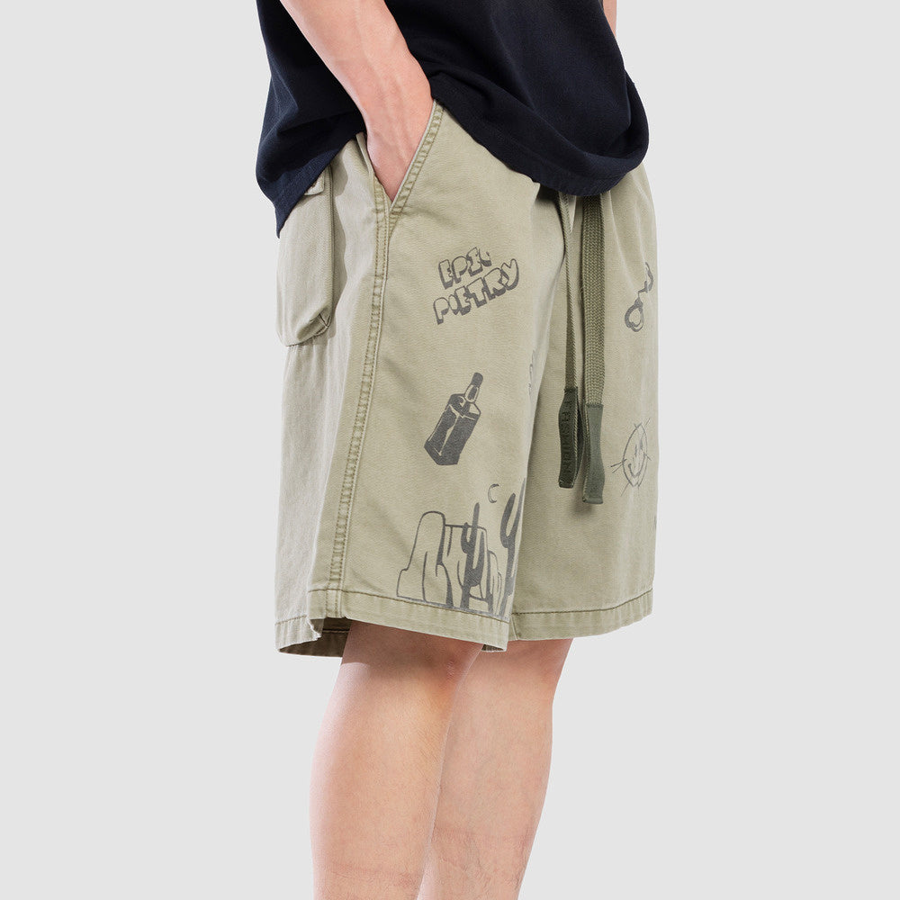 高級感個性塗鴉工裝短褲男士夏季寬松水洗純棉休閑五分褲