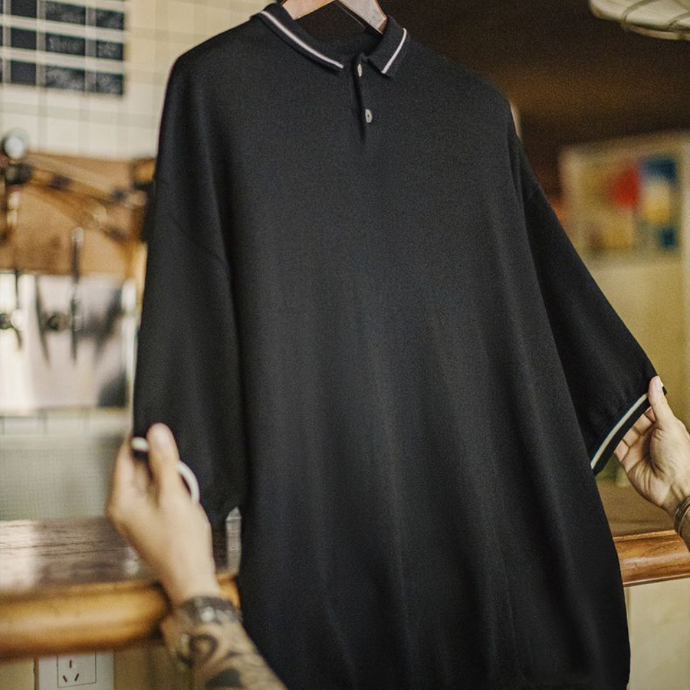 美式機能polo衫條紋老錢風山系黑色T恤寬鬆垂感短袖男夏