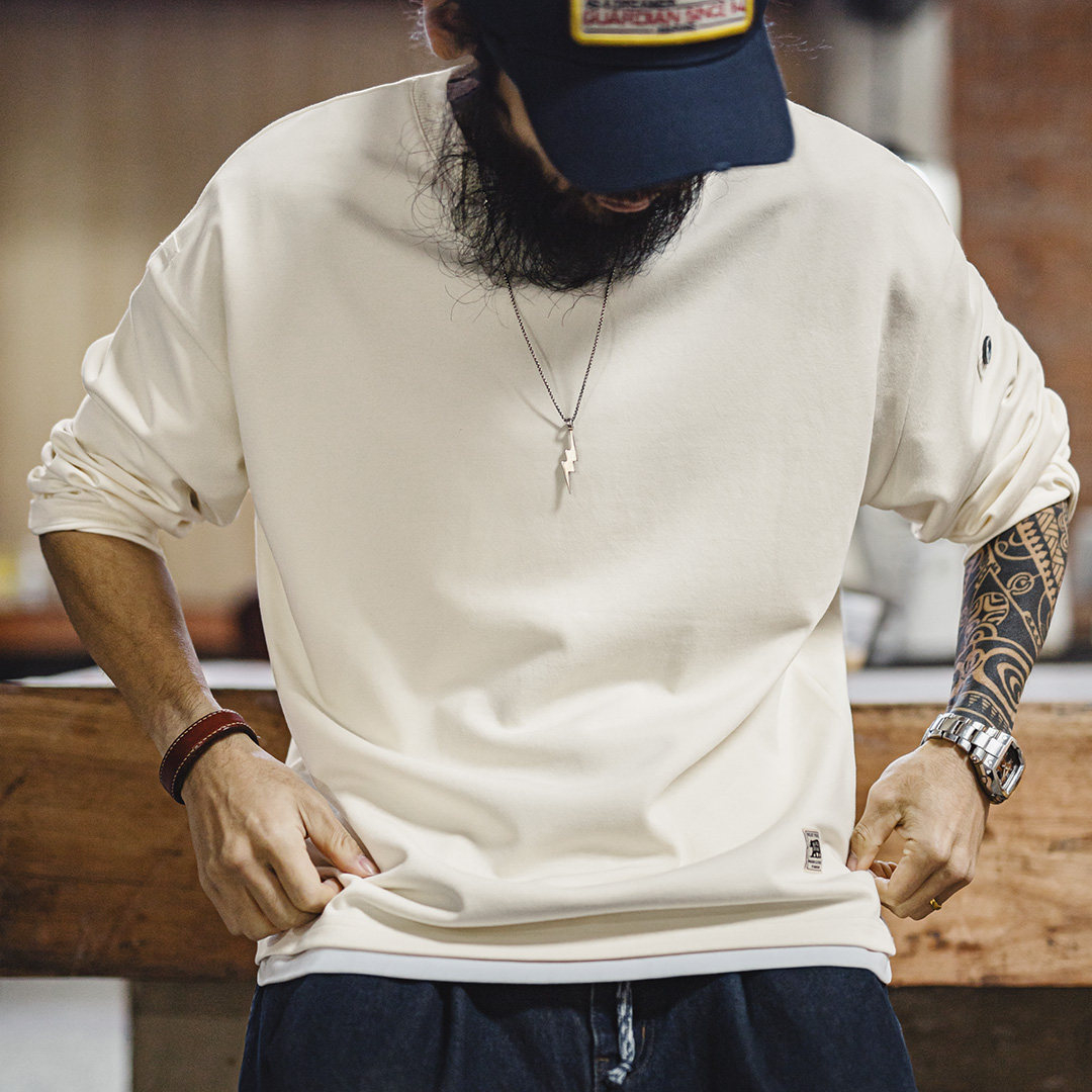 美式復古長袖T恤棉V領套頭白色寬鬆垂感外穿衛衣男款春