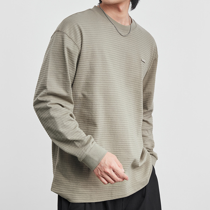 極簡長袖T恤肌理感條紋圓領打底衫男春季新款鬆弛感套頭上衣
