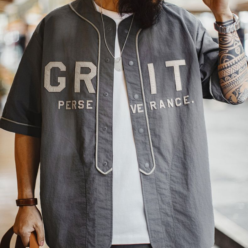 美式休閒GRIT棒球服貼布繡襯衫日系灰色薄款襯衣男春夏