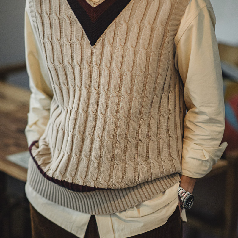 美式復古IVY針織V領毛衣背心學院風撞色絞花無袖馬甲男秋