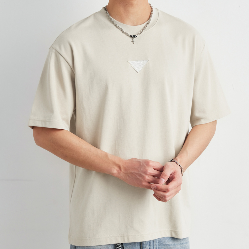 三角標刺繡圓領T恤男夏季寬鬆親膚透氣通勤百搭休閒短袖上衣