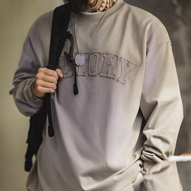 美式復古字母貼布衛衣漸變色水洗做舊寬鬆圓領T恤男春季