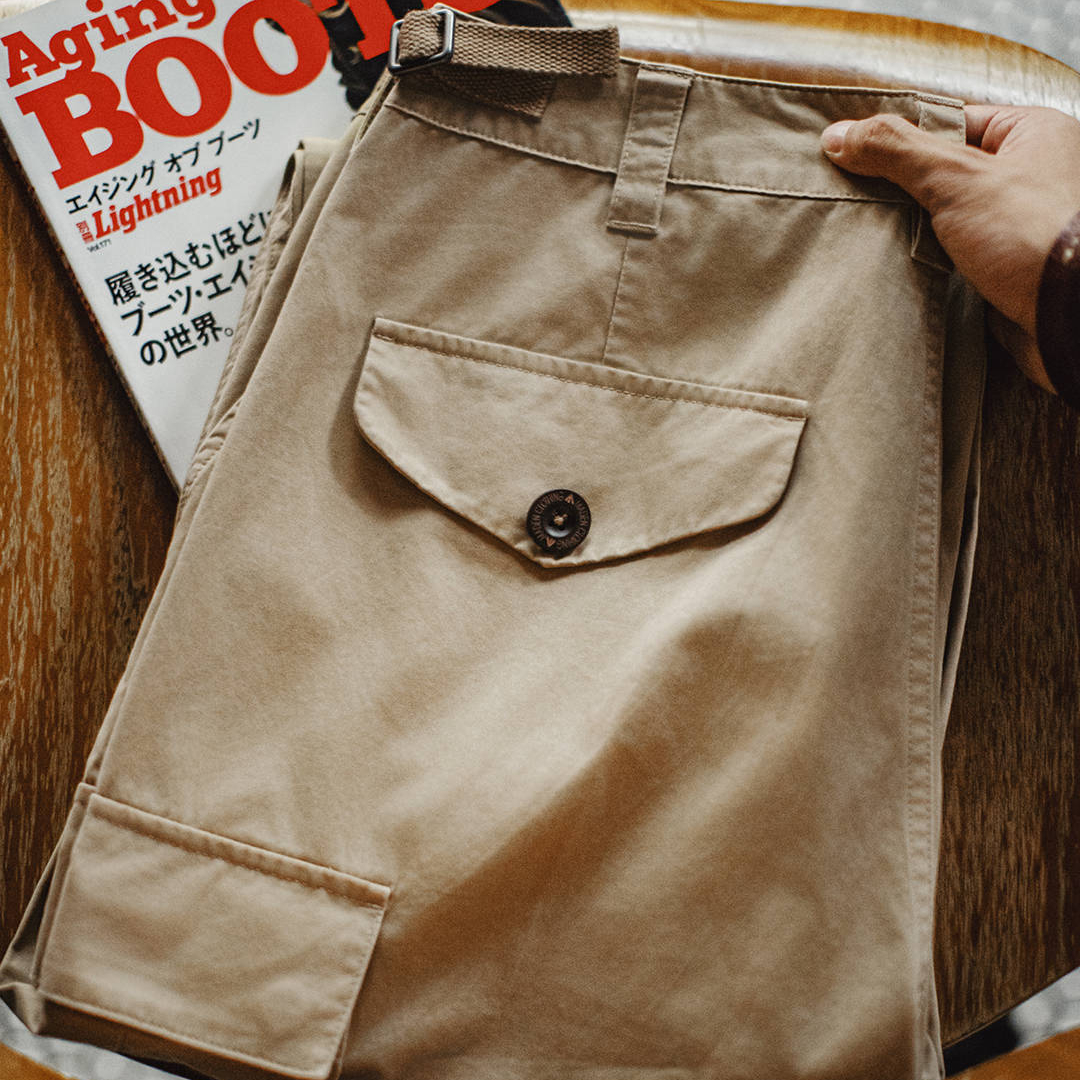 美式復古淺卡其M65大口袋直筒休閒褲老錢磨毛長褲子男秋