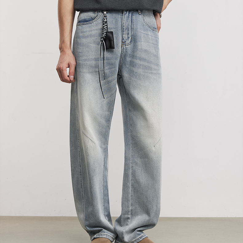 極簡線條彎刀牛仔褲男夏季寬鬆直筒做舊水洗漸變美式復古長褲