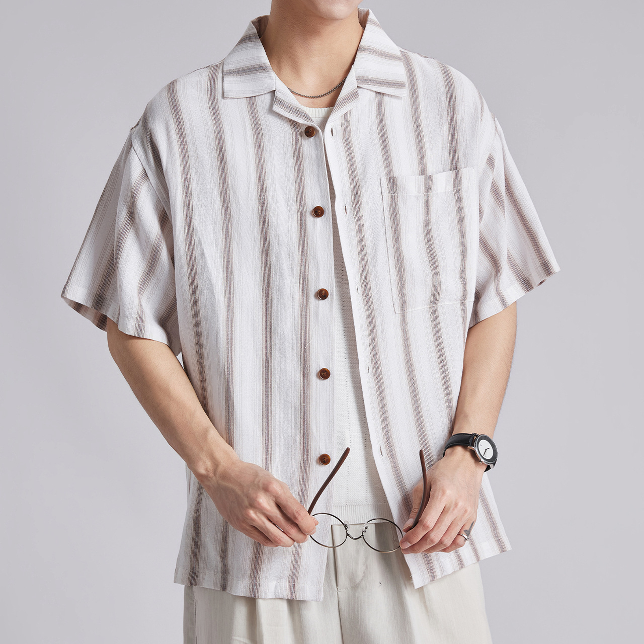 美式復古條紋古巴領短袖襯衫男夏季寬鬆落肩顯瘦慵懶潮流襯衣