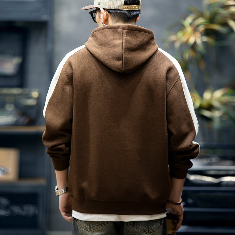 360g美式撞色長袖衛衣男秋季寬松潮牌大碼連帽上衣男休閑外套