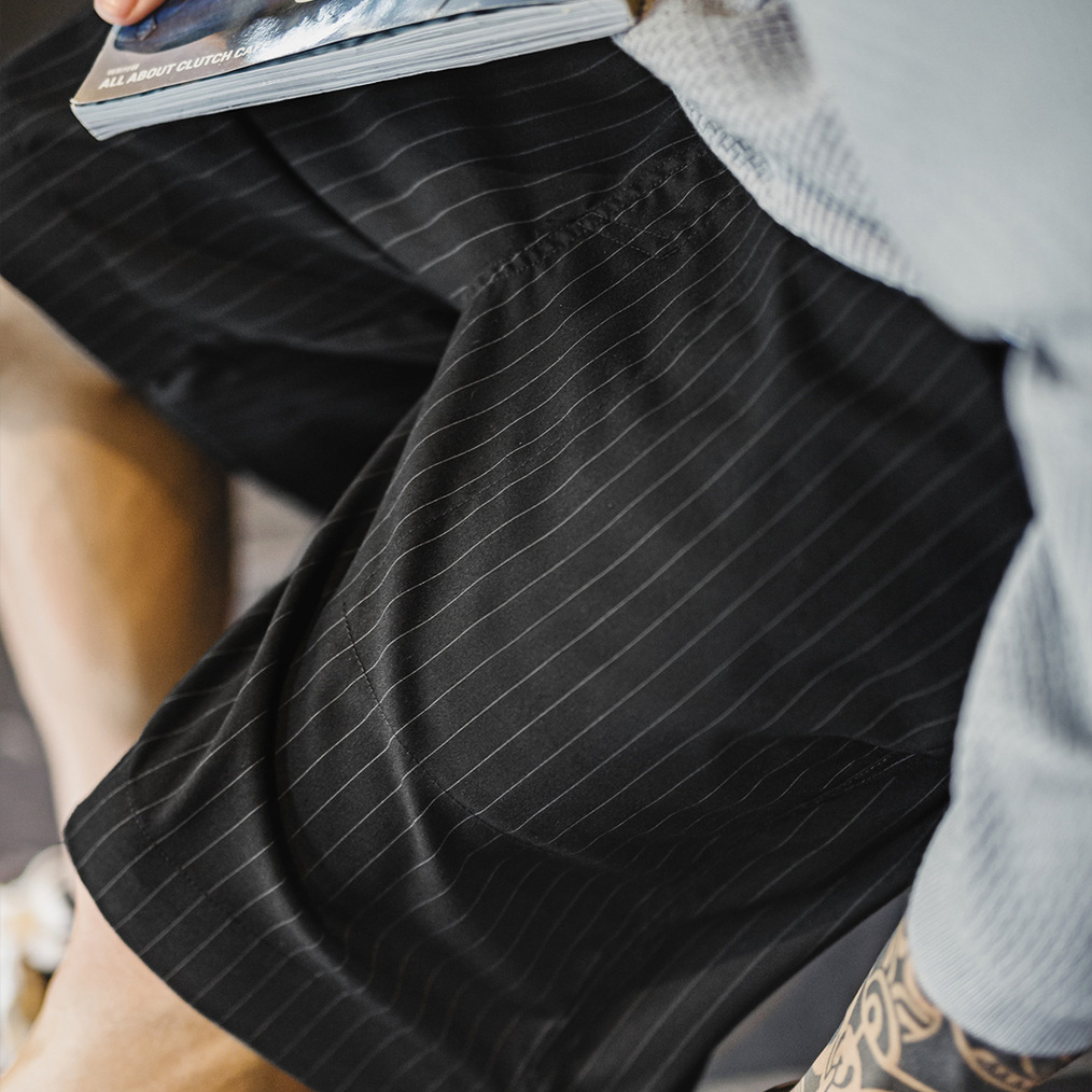 日系豎條紋灰色西裝短褲cityboy鬆緊腰直筒五分褲男夏季