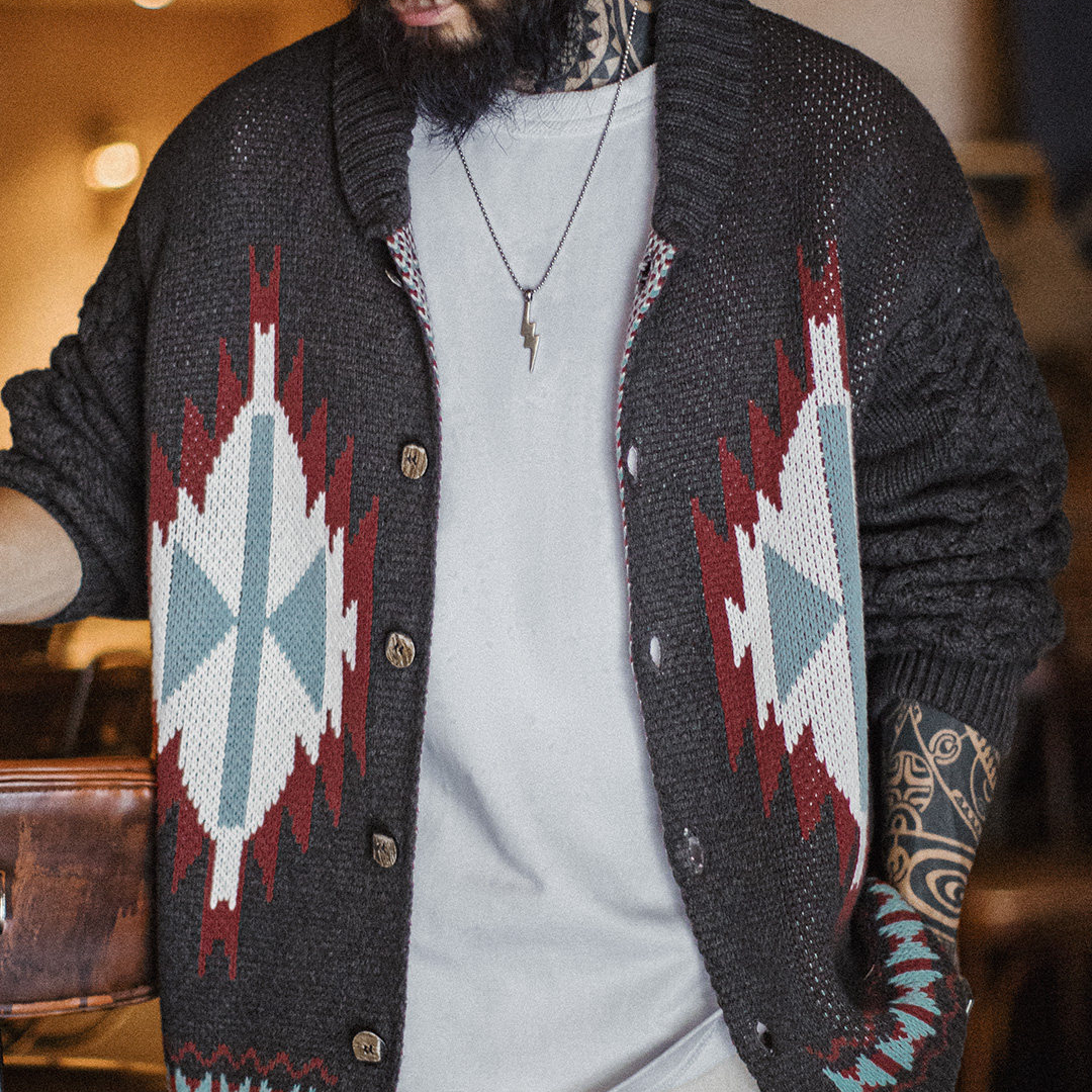 美式復古考津毛衣外套印第安青果領開衫針織毛衫男秋冬