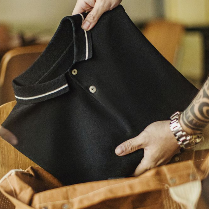 美式機能polo衫條紋老錢風山系黑色T恤寬鬆垂感短袖男夏