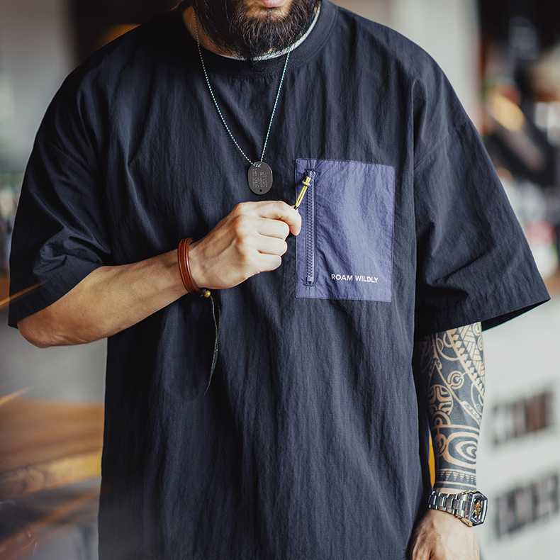 山系戶外薄款口袋拼接短袖T恤落肩尼龍透氣半袖T恤男夏