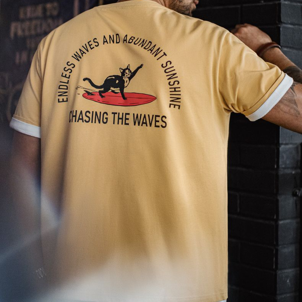 美式復古後背發泡印花T恤重磅薑黃色小眾創意短袖男款夏