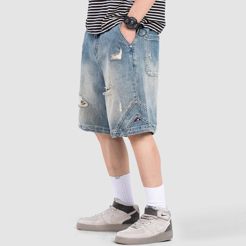 水洗破洞牛仔短褲男夏季寬松大碼美式潮牌休閑五分褲