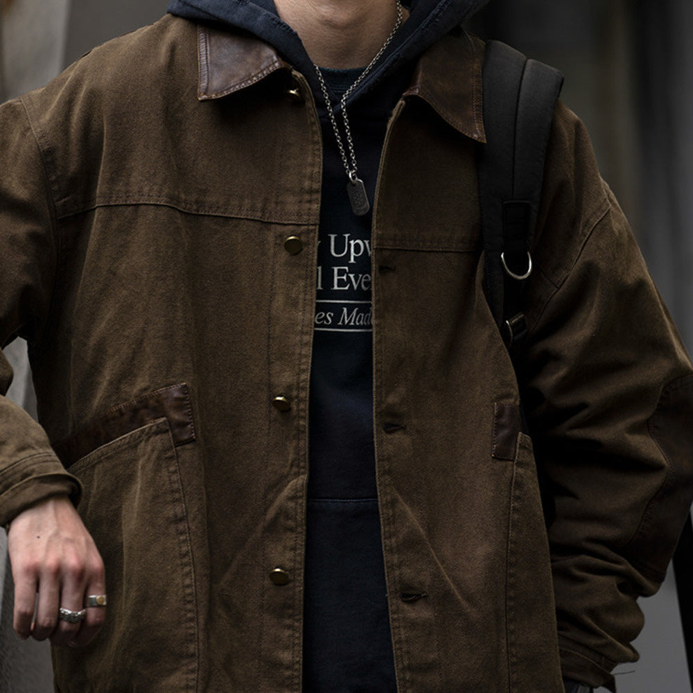 復古水洗做舊拼接PU皮外套男春秋新款寬松翻領工裝夾克上衣潮