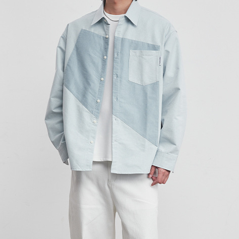 幾何雙拼色襯衫男春秋季新款潮韓版設計感小衆廓形寬鬆上衣潮