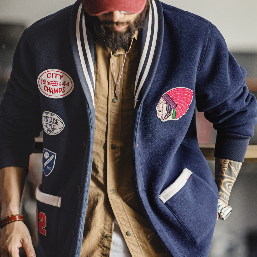 美式復古青果領開衫搖粒絨夾克保暖短款棒球服外套男秋冬