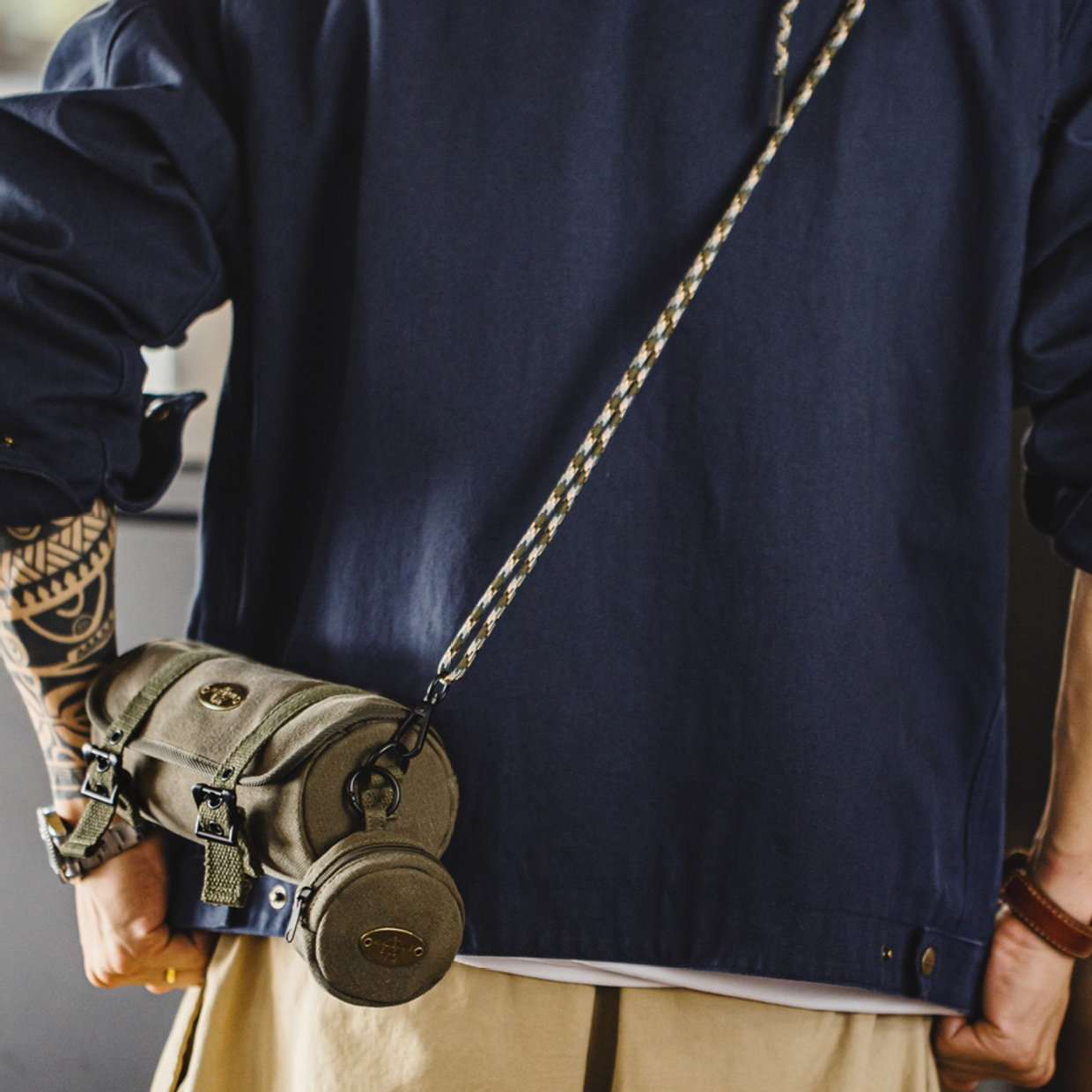 美式復古帆布圓筒包隨身包通勤小包斜跨包包子母零錢包男