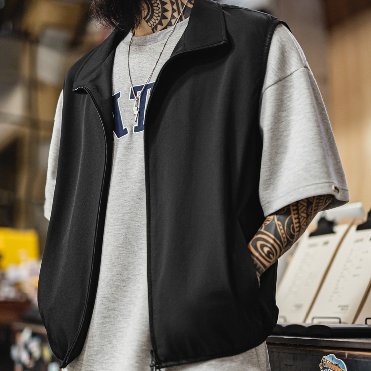 山系機能立領馬甲黑色戶外通勤疊穿輕薄款背心無袖男士夏