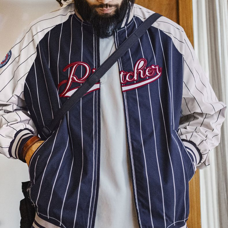 美式復古條紋棒球夾克字母刺繡徽章撞色拼接休閒外套男春