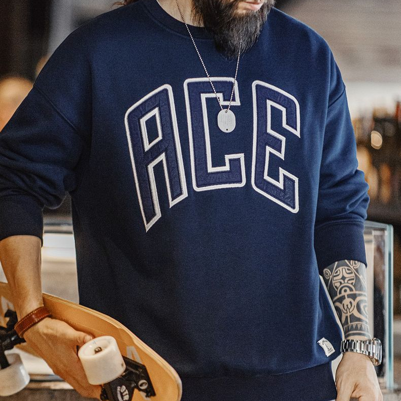 美式休閒字母刺繡衛衣學院風加厚加絨保暖圓領上衣男秋冬