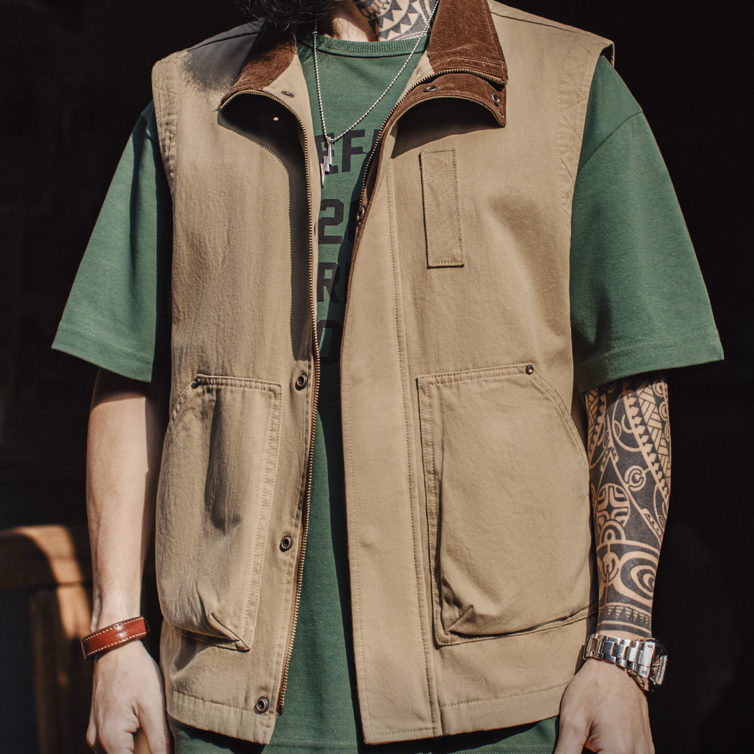 美式復古safari馬甲獵裝純棉卡其色燈芯絨背心外套男款春
