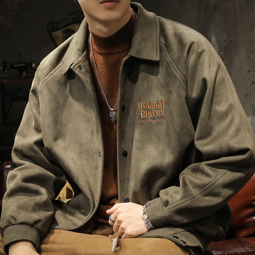 灰綠色鹿皮絨翻領棒球服男士寬松春秋款潮牌380g美式夾克外套