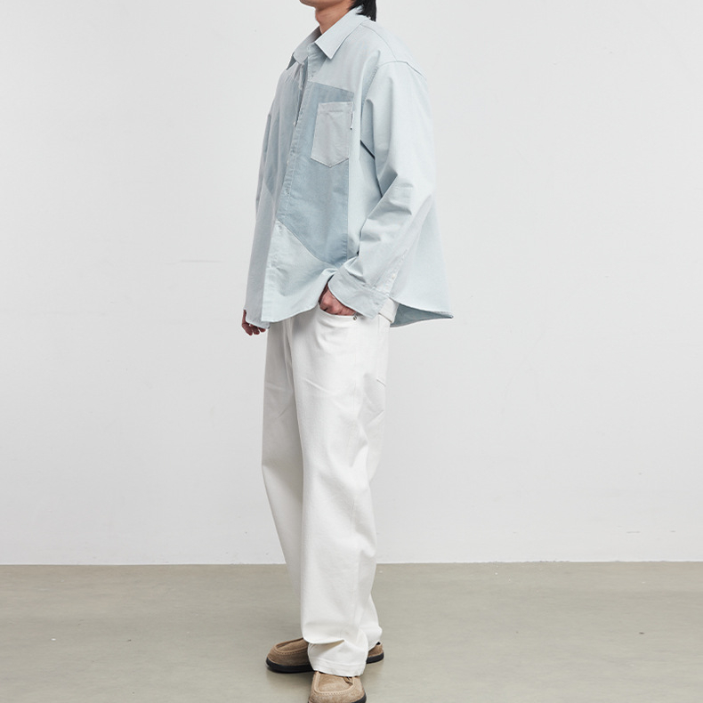 幾何雙拼色襯衫男春秋季新款潮韓版設計感小衆廓形寬鬆上衣潮