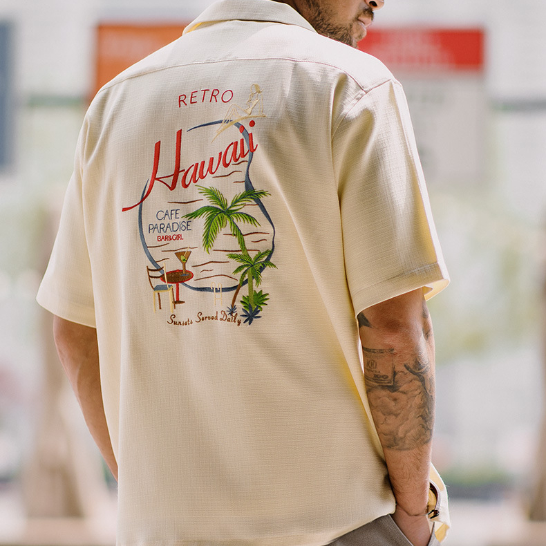 美式復古夏威夷刺繡短袖襯衫竹節紋垂感古巴領襯衣男夏季