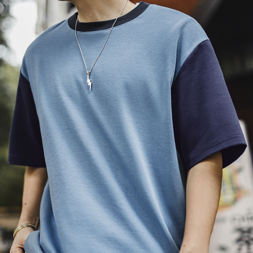 美式復古拼色T恤螺紋領口落肩袖寬鬆空氣層撞色短袖男夏
