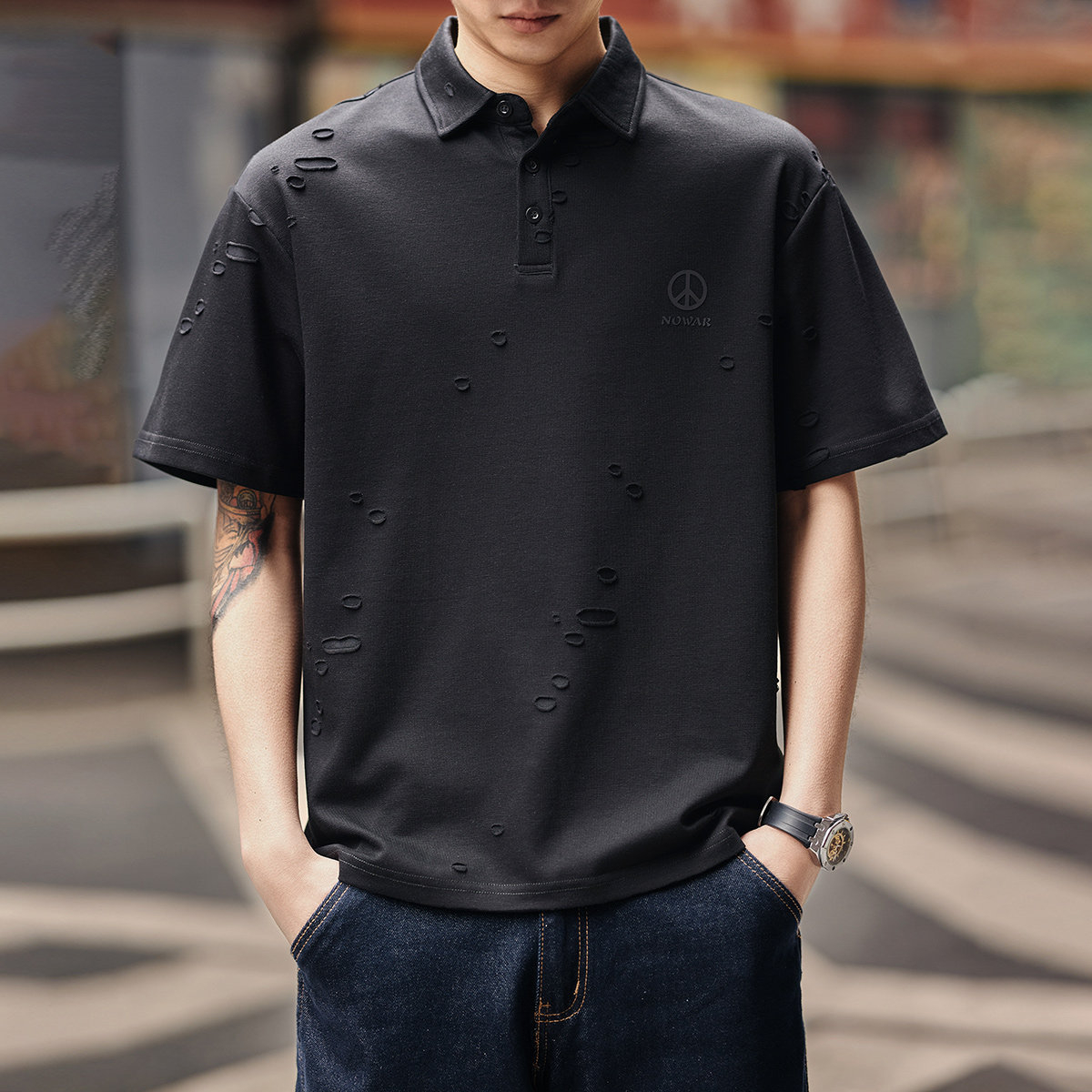 高端復古短袖POLO衫男士夏季潮牌寬鬆休閒設計感破洞打底衫