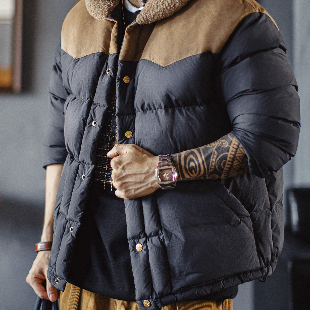 美式復古撞色絨領90白鴨絨羽絨服翻領保暖夾克外套男秋冬