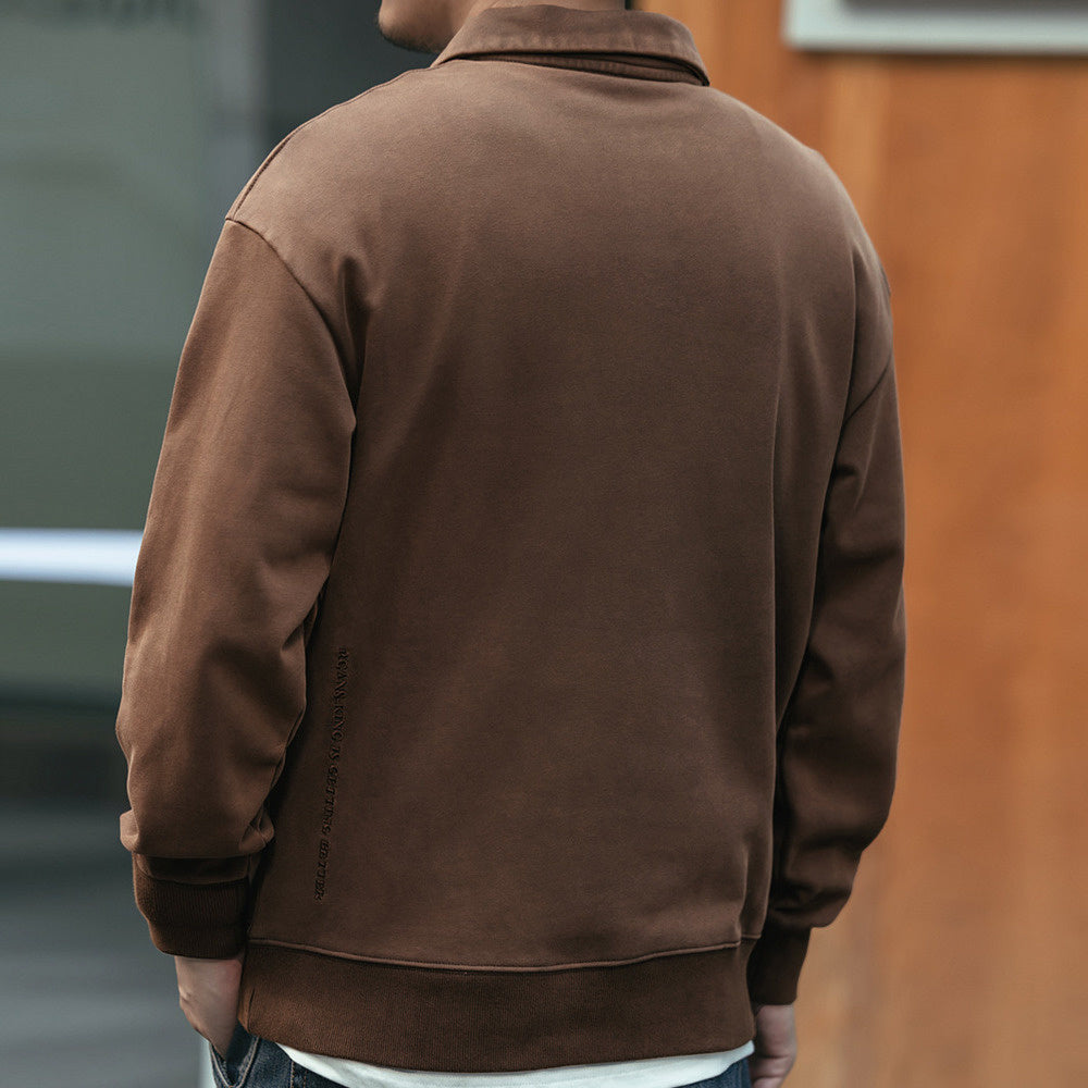 美式復古做舊水洗翻領POLO衫男春季長袖衛衣寬松大碼痞帥體恤