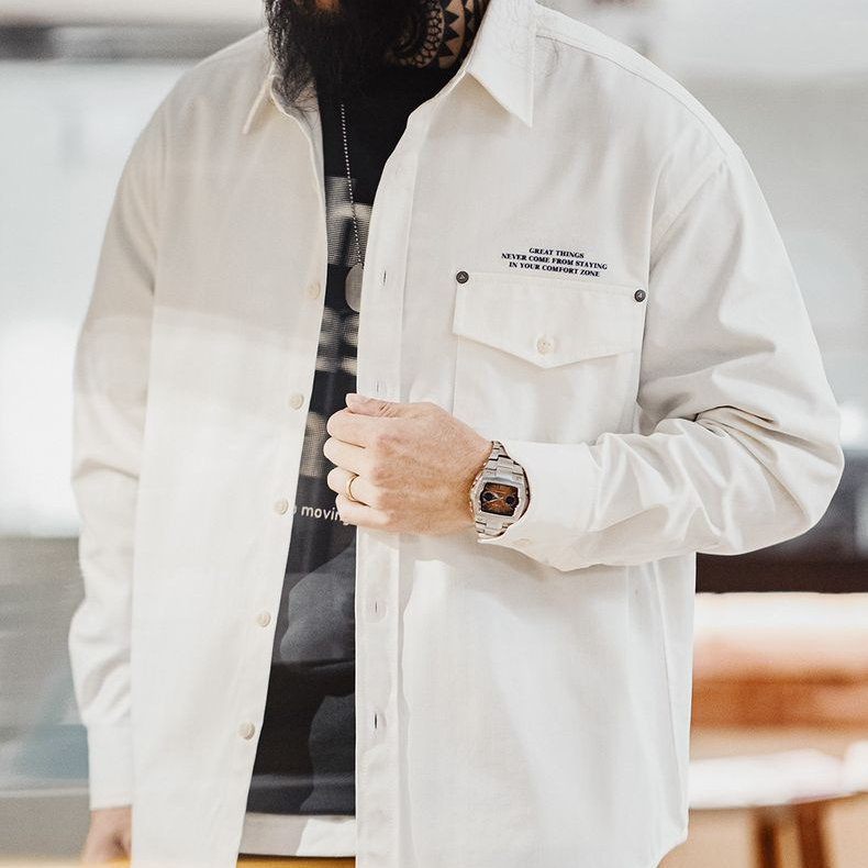 美式休閒人字紋廓形長袖襯衫印花疊穿翻領白色襯衣男秋冬